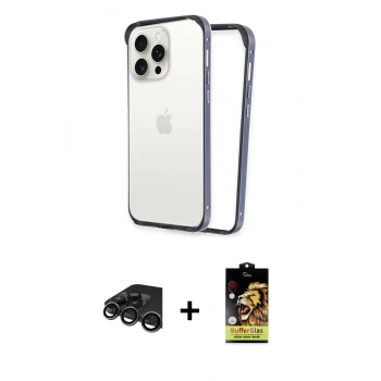 MARSİLYAN™- iPhone 15 Pro Kılıf Pusula Asil Koleksiyonu - Siyah Buffer Cam Ekran Koruyucu + Raze Metal Kamera Lens - TMGI