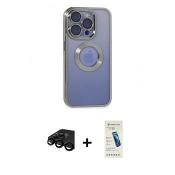 MARSİLYAN™- iPhone 15 Pro Kılıf Pusula Form - Şeffaf Pasifik Cam Ekran Koruyucu + Raze Metal Kamera Lens - SH