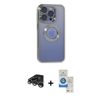 MARSİLYAN™- iPhone 15 Pro Kılıf Pusula Form - Şeffaf Royal Nano Ekran Koruyucu + Raze Metal Kamera Lens - GS