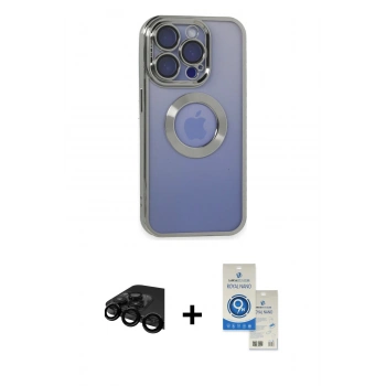 MARSİLYAN™- iPhone 15 Pro Kılıf Pusula Form - Şeffaf Royal Nano Ekran Koruyucu + Raze Metal Kamera Lens - SH