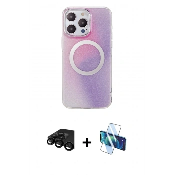 MARSİLYAN™- iPhone 15 Pro Kılıf Pusula Form - Siyah 3D Antistatik Cam Ekran Koruyucu + Raze Metal Kamera Lens - SH