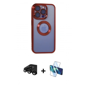 MARSİLYAN™- iPhone 15 Pro Kılıf Pusula Form - Siyah 3D Antistatik Cam Ekran Koruyucu + Raze Metal Kamera Lens - SH
