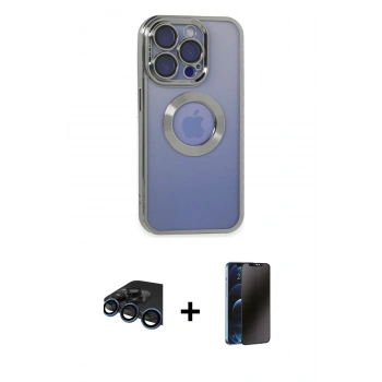 MARSİLYAN™- iPhone 15 Pro Kılıf Pusula Form - Siyah 3D Antistatik Hayalet Cam Ekran Koruyucu + Raze Metal Kamera Lens - LT
