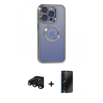 MARSİLYAN™- iPhone 15 Pro Kılıf Pusula Form - Siyah 3D Antistatik Hayalet Cam Ekran Koruyucu + Raze Metal Kamera Lens - SH