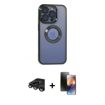 MARSİLYAN™- iPhone 15 Pro Kılıf Pusula Form - Siyah 3D Antistatik Mat Seramik Nano Ekran Koruyucu + Raze Metal Kamera Lens - TMGI