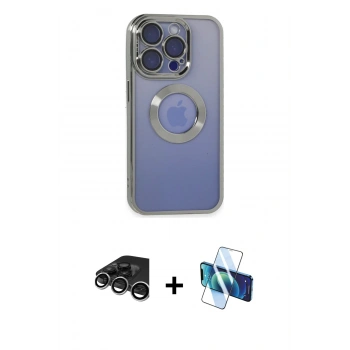 MARSİLYAN™- iPhone 15 Pro Kılıf Pusula Form - Siyah 3D Antistatik Seramik Nano Ekran Koruyucu + Raze Metal Kamera Lens - GS