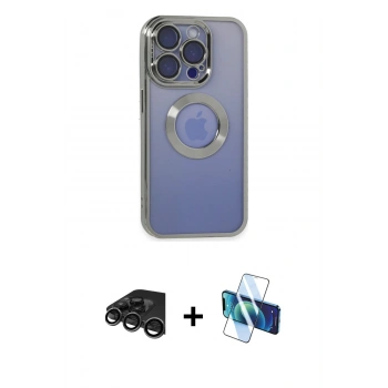 MARSİLYAN™- iPhone 15 Pro Kılıf Pusula Form - Siyah 3D Antistatik Seramik Nano Ekran Koruyucu + Raze Metal Kamera Lens - TMGI