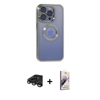 MARSİLYAN™- iPhone 15 Pro Kılıf Pusula Form - Siyah Bilvis 3D Mat Cam Ekran Koruyucu + Raze Metal Kamera Lens - TMGI