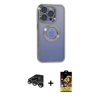 MARSİLYAN™- iPhone 15 Pro Kılıf Pusula Form - Siyah Buffer Cam Ekran Koruyucu + Raze Metal Kamera Lens - GS