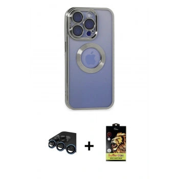 MARSİLYAN™- iPhone 15 Pro Kılıf Pusula Form - Siyah Buffer Cam Ekran Koruyucu + Raze Metal Kamera Lens - LT
