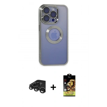 MARSİLYAN™- iPhone 15 Pro Kılıf Pusula Form - Siyah Buffer Cam Ekran Koruyucu + Raze Metal Kamera Lens - TMGI