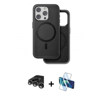 MARSİLYAN™- iPhone 15 Pro Kılıf Pusula Işık Koleksiyonu - Siyah 3D Antistatik Cam Ekran Koruyucu + Raze Metal Kamera Lens - GS
