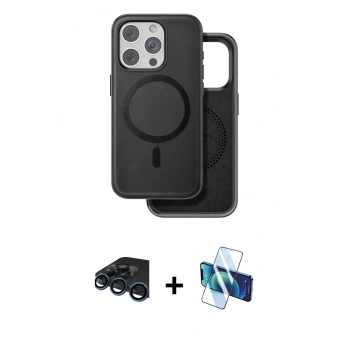MARSİLYAN™- iPhone 15 Pro Kılıf Pusula Işık Koleksiyonu - Siyah 3D Antistatik Cam Ekran Koruyucu + Raze Metal Kamera Lens - LT