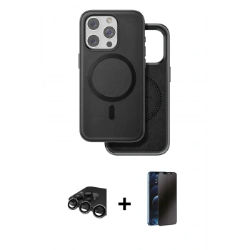 MARSİLYAN™- iPhone 15 Pro Kılıf Pusula Işık Koleksiyonu - Siyah 3D Antistatik Hayalet Cam Ekran Koruyucu + Raze Metal Kamera Lens - TMGI