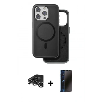 MARSİLYAN™- iPhone 15 Pro Kılıf Pusula Işık Koleksiyonu - Siyah 3D Antistatik Hayalet Cam Ekran Koruyucu + Raze Metal Kamera Lens - GS