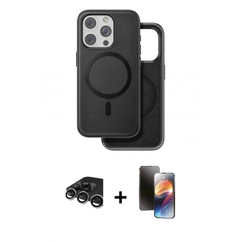 MARSİLYAN™- iPhone 15 Pro Kılıf Pusula Işık Koleksiyonu - Siyah 3D Antistatik Mat Seramik Nano Ekran Koruyucu + Raze Metal Kamera Lens - GS