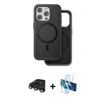 MARSİLYAN™- iPhone 15 Pro Kılıf Pusula Işık Koleksiyonu - Siyah 3D Antistatik Seramik Nano Ekran Koruyucu + Raze Metal Kamera Lens - TMGI