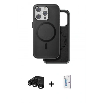 MARSİLYAN™- iPhone 15 Pro Kılıf Pusula Işık Koleksiyonu - Siyah Bilvis 0.18mm Plus Cam Ekran Koruyucu + Raze Metal Kamera Lens - SH