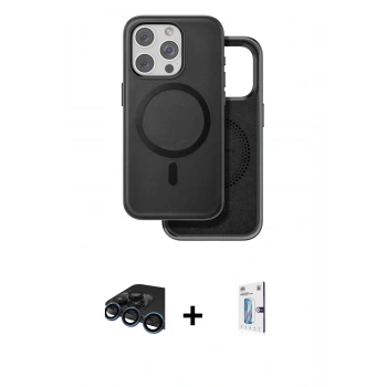 MARSİLYAN™- iPhone 15 Pro Kılıf Pusula Işık Koleksiyonu - Siyah Bilvis 0.18mm Plus Cam Ekran Koruyucu + Raze Metal Kamera Lens - LT