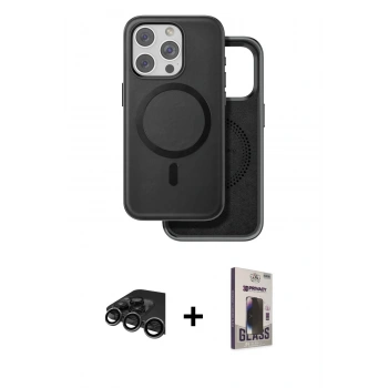 MARSİLYAN™- iPhone 15 Pro Kılıf Pusula Işık Koleksiyonu - Siyah Bilvis Hayalet Cam Ekran Koruyucu + Raze Metal Kamera Lens - TMGI