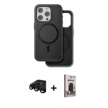 MARSİLYAN™- iPhone 15 Pro Kılıf Pusula Işık Koleksiyonu - Siyah Bilvis Hayalet Cam Ekran Koruyucu + Raze Metal Kamera Lens - SH