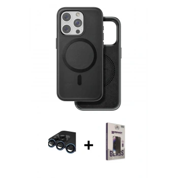 MARSİLYAN™- iPhone 15 Pro Kılıf Pusula Işık Koleksiyonu - Siyah Bilvis Hayalet Cam Ekran Koruyucu + Raze Metal Kamera Lens - LT