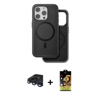 MARSİLYAN™- iPhone 15 Pro Kılıf Pusula Işık Koleksiyonu - Siyah Buffer Cam Ekran Koruyucu + Raze Metal Kamera Lens - LT