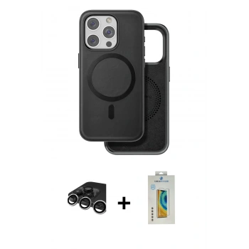 MARSİLYAN™- iPhone 15 Pro Kılıf Pusula Işık Koleksiyonu - Siyah Polymer Nano Ekran Koruyucu + Raze Metal Kamera Lens - GS