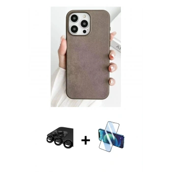 MARSİLYAN™- iPhone 15 Pro Kılıf Pusula Modern - Siyah 3D Antistatik Cam Ekran Koruyucu + Raze Metal Kamera Lens - SH