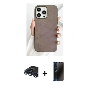 MARSİLYAN™- iPhone 15 Pro Kılıf Pusula Modern - Siyah 3D Antistatik Hayalet Cam Ekran Koruyucu + Raze Metal Kamera Lens - LT