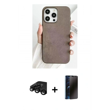 MARSİLYAN™- iPhone 15 Pro Kılıf Pusula Modern - Siyah 3D Antistatik Hayalet Cam Ekran Koruyucu + Raze Metal Kamera Lens - SH
