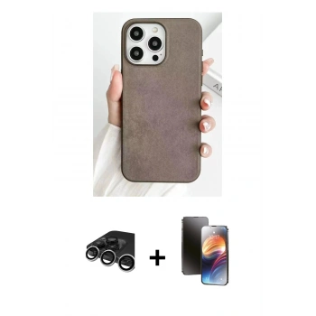 MARSİLYAN™- iPhone 15 Pro Kılıf Pusula Modern - Siyah 3D Antistatik Mat Seramik Nano Ekran Koruyucu + Raze Metal Kamera Lens - GS