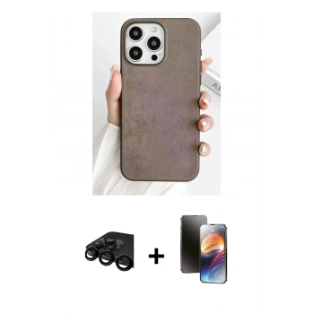 MARSİLYAN™- iPhone 15 Pro Kılıf Pusula Modern - Siyah 3D Antistatik Mat Seramik Nano Ekran Koruyucu + Raze Metal Kamera Lens - SH