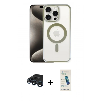 MARSİLYAN™- iPhone 15 Pro Kılıf Siluet Çizgi Serisi - Şeffaf Pasifik Cam Ekran Koruyucu + Raze Metal Kamera Lens - LT