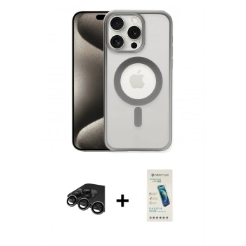 MARSİLYAN™- iPhone 15 Pro Kılıf Siluet Çizgi Serisi - Şeffaf Pasifik Cam Ekran Koruyucu + Raze Metal Kamera Lens - TMGI