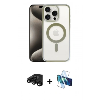 MARSİLYAN™- iPhone 15 Pro Kılıf Siluet Çizgi Serisi - Siyah 3D Antistatik Cam Ekran Koruyucu + Raze Metal Kamera Lens - SH