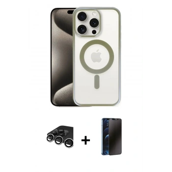 MARSİLYAN™- iPhone 15 Pro Kılıf Siluet Çizgi Serisi - Siyah 3D Antistatik Hayalet Cam Ekran Koruyucu + Raze Metal Kamera Lens - GS
