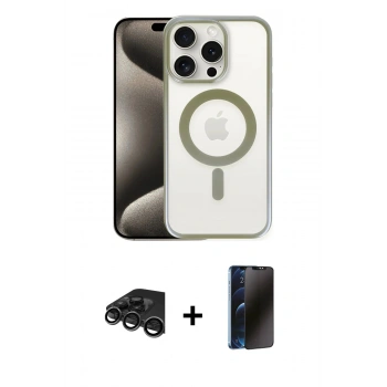 MARSİLYAN™- iPhone 15 Pro Kılıf Siluet Çizgi Serisi - Siyah 3D Antistatik Hayalet Cam Ekran Koruyucu + Raze Metal Kamera Lens - TMGI