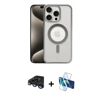 MARSİLYAN™- iPhone 15 Pro Kılıf Siluet Çizgi Serisi - Siyah 3D Antistatik Seramik Nano Ekran Koruyucu + Raze Metal Kamera Lens - LT