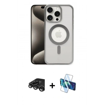 MARSİLYAN™- iPhone 15 Pro Kılıf Siluet Çizgi Serisi - Siyah 3D Antistatik Seramik Nano Ekran Koruyucu + Raze Metal Kamera Lens - TMGI