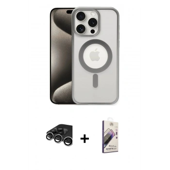 MARSİLYAN™- iPhone 15 Pro Kılıf Siluet Çizgi Serisi - Siyah Bilvis 3D Mat Cam Ekran Koruyucu + Raze Metal Kamera Lens - GS