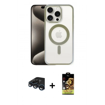 MARSİLYAN™- iPhone 15 Pro Kılıf Siluet Çizgi Serisi - Siyah Buffer Cam Ekran Koruyucu + Raze Metal Kamera Lens - LT