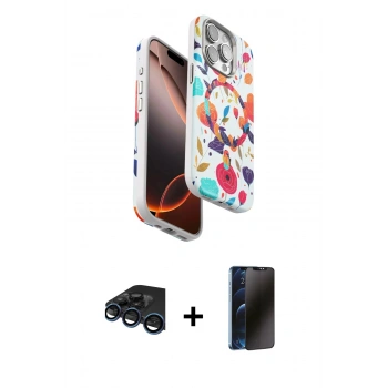 MARSİLYAN™- iPhone 15 Pro Kılıf Siluet Doku - Siyah 3D Antistatik Hayalet Cam Ekran Koruyucu + Raze Metal Kamera Lens - LT