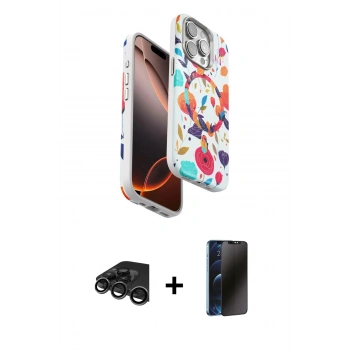 MARSİLYAN™- iPhone 15 Pro Kılıf Siluet Doku - Siyah 3D Antistatik Hayalet Cam Ekran Koruyucu + Raze Metal Kamera Lens - TMGI