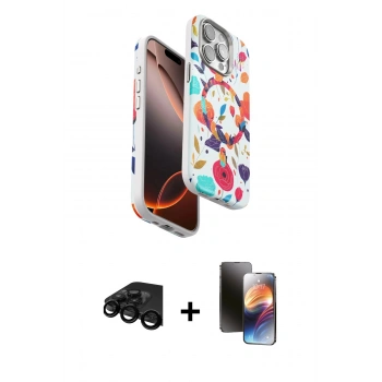 MARSİLYAN™- iPhone 15 Pro Kılıf Siluet Doku - Siyah 3D Antistatik Mat Seramik Nano Ekran Koruyucu + Raze Metal Kamera Lens - SH