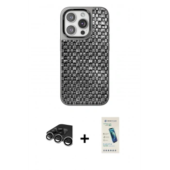 MARSİLYAN™- iPhone 15 Pro Kılıf Siluet Form Serisi - Şeffaf Pasifik Cam Ekran Koruyucu + Raze Metal Kamera Lens - GS