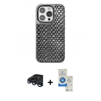 MARSİLYAN™- iPhone 15 Pro Kılıf Siluet Form Serisi - Şeffaf Royal Nano Ekran Koruyucu + Raze Metal Kamera Lens - LT