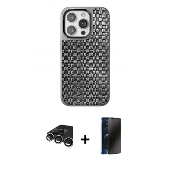 MARSİLYAN™- iPhone 15 Pro Kılıf Siluet Form Serisi - Siyah 3D Antistatik Hayalet Cam Ekran Koruyucu + Raze Metal Kamera Lens - GS