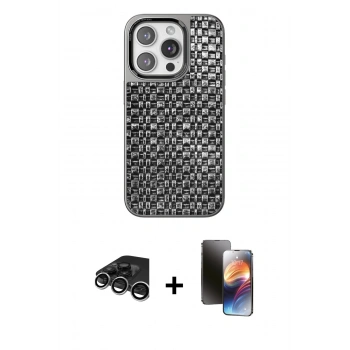 MARSİLYAN™- iPhone 15 Pro Kılıf Siluet Form Serisi - Siyah 3D Antistatik Mat Seramik Nano Ekran Koruyucu + Raze Metal Kamera Lens - GS