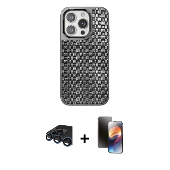 MARSİLYAN™- iPhone 15 Pro Kılıf Siluet Form Serisi - Siyah 3D Antistatik Mat Seramik Nano Ekran Koruyucu + Raze Metal Kamera Lens - LT